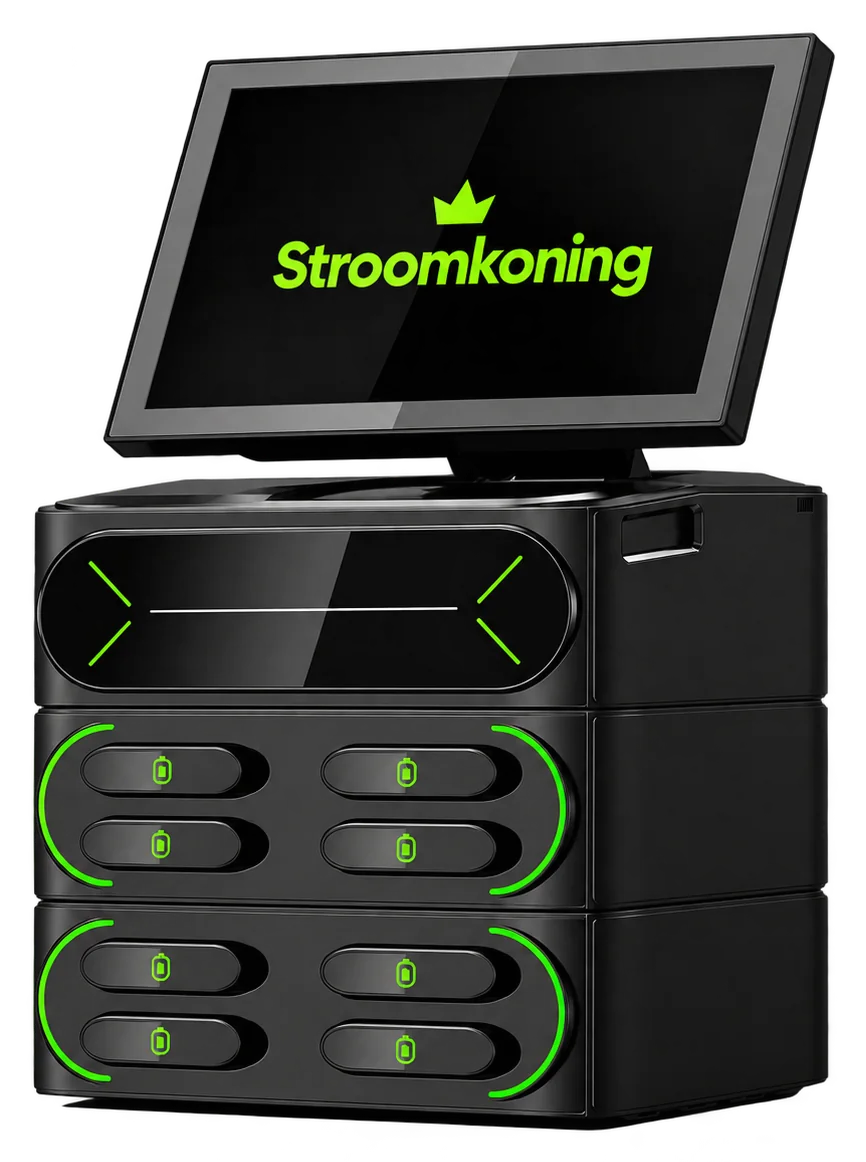 Zwart Stroomkoning-station met een scherm bovenop en acht powerbank-slots met lime verlichting